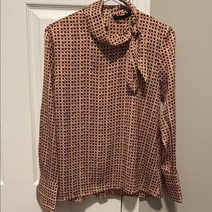 Zara Chic Retro Geometric Print Blouse With Tie Collar and Button-down Back XS